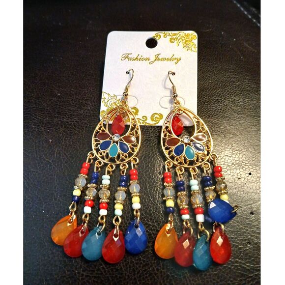 Boho Dangle Bead Earrings 3.5" Multicolor - Picture 5 of 6